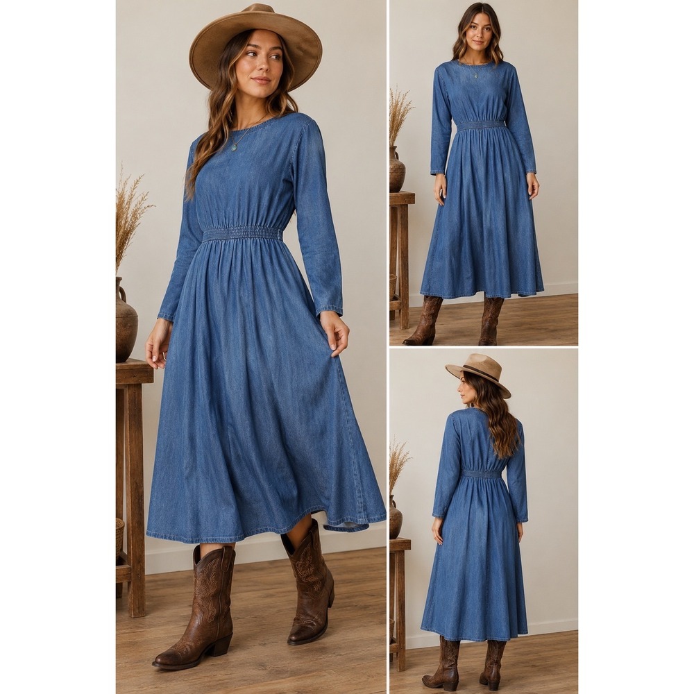 Vintage 90's Styleworks Women 6 Blue Denim Long Sleeve Elastic Waist Jean Dress*